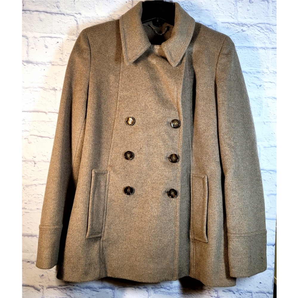 Calvin Klein PeaCoat Size 10 Beige Wool Blend Pockets Double Breasted Buttons